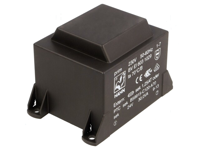 Transformator: ingegoten; 30VA; 230VAC; 24V; 1,25A; PCB; BVEI Transformator: ingegoten; 30VA; 230VAC; 24V; 1,25A; PCB; BVEI